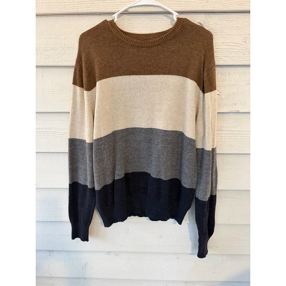 J.Crew Colorblock Sweater Medium Brown Cream Gray Navy Wool Blend Pullover - Picture 2 of 7
